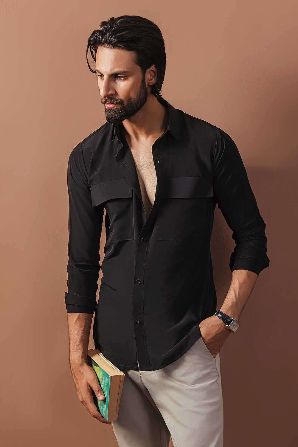 Black Viscose Dress Shirt With Chest Pockets