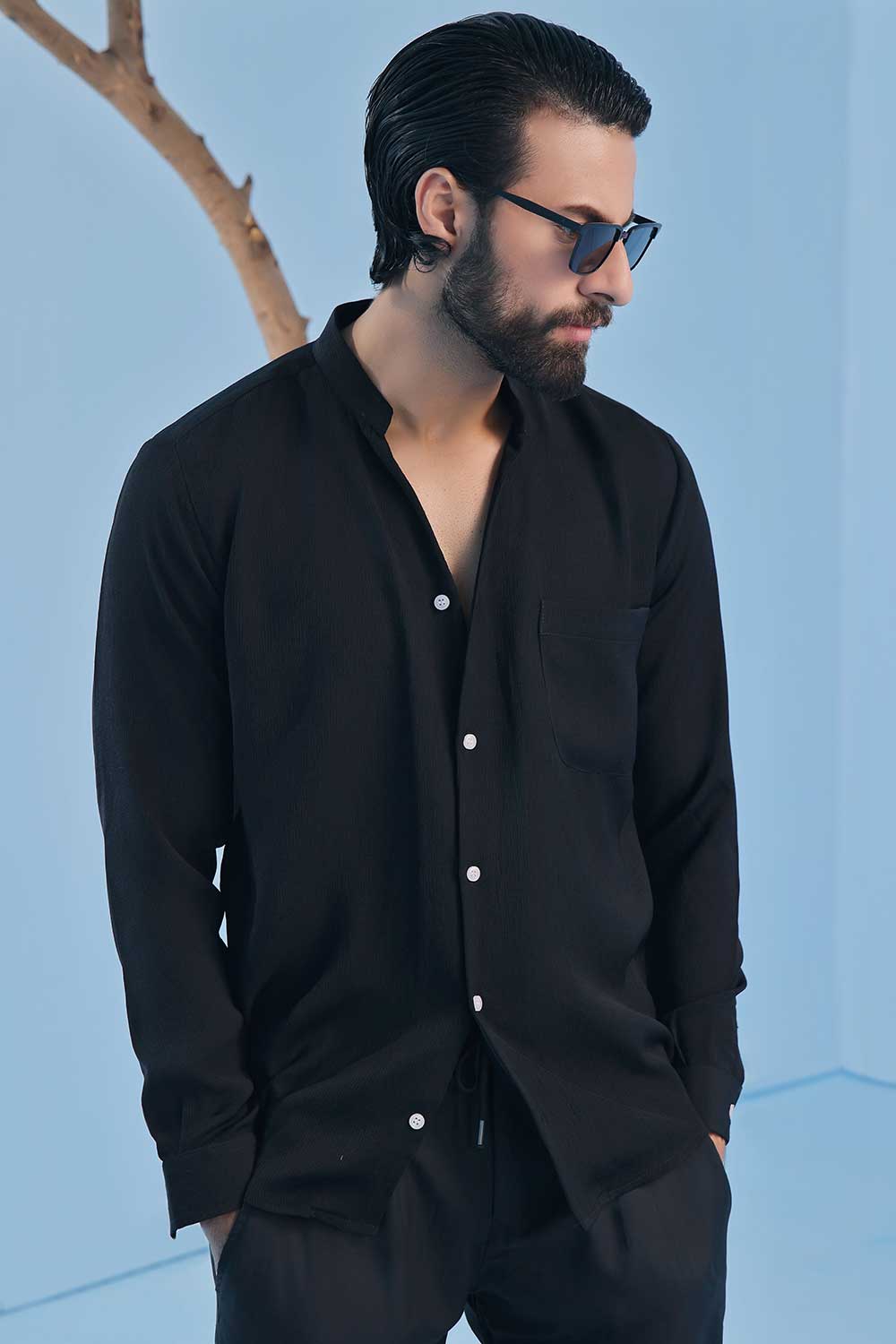 Black Seersucker Open V-Neck Collared Shirt