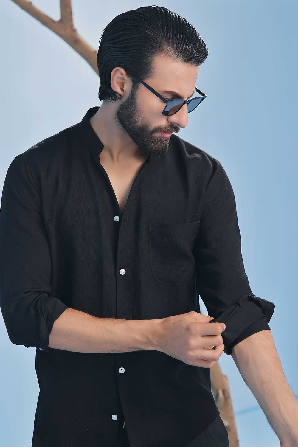 Black Seersucker Open V-Neck Collared Shirt